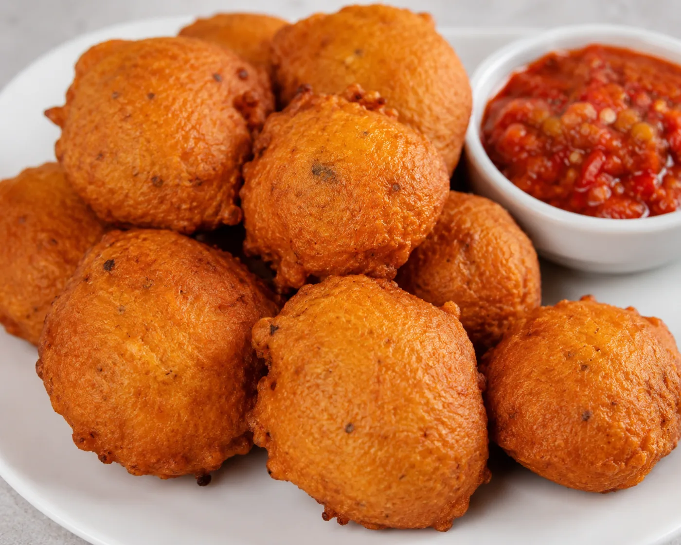 Plate of golden fried Nigerian akara bean cakes served with red pepper sauce