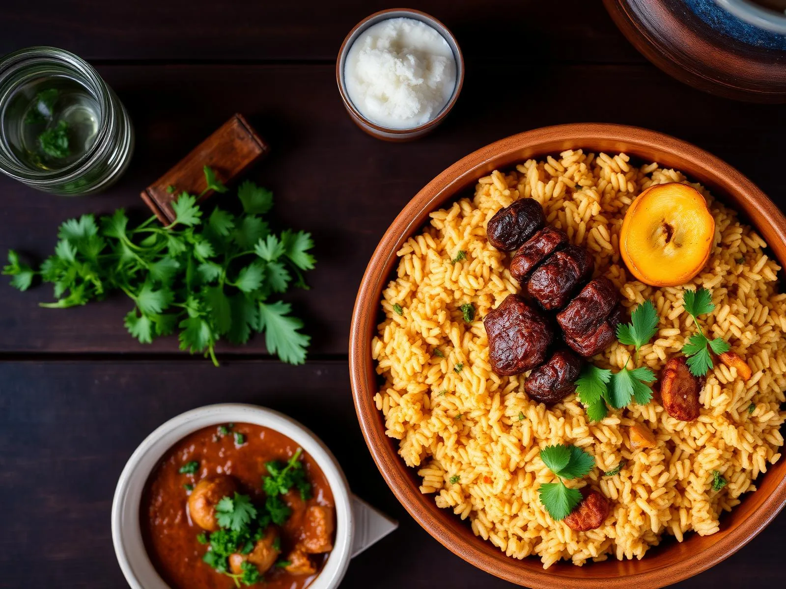 Bowl of smoky Nigerian party jollof rice with fried plantains